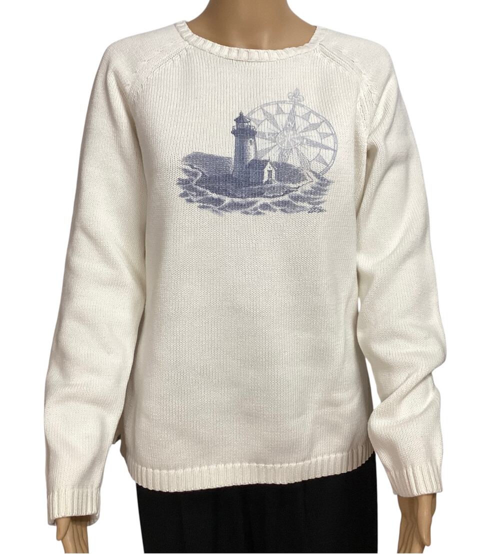 Vintage L.L. Bean Women's White Cotton Graphic Crewneck Sweater Lighthouse M Reg